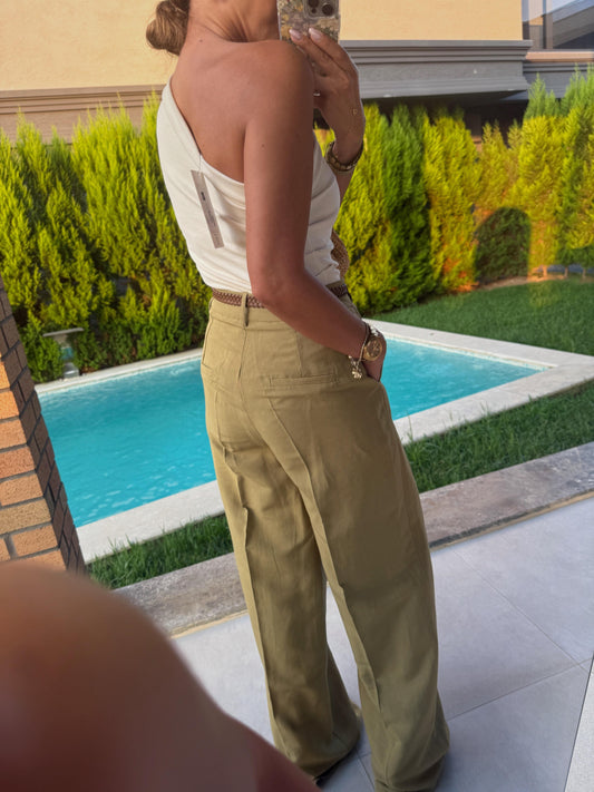 Saffron Yellow Linen Pants With Leather Belt