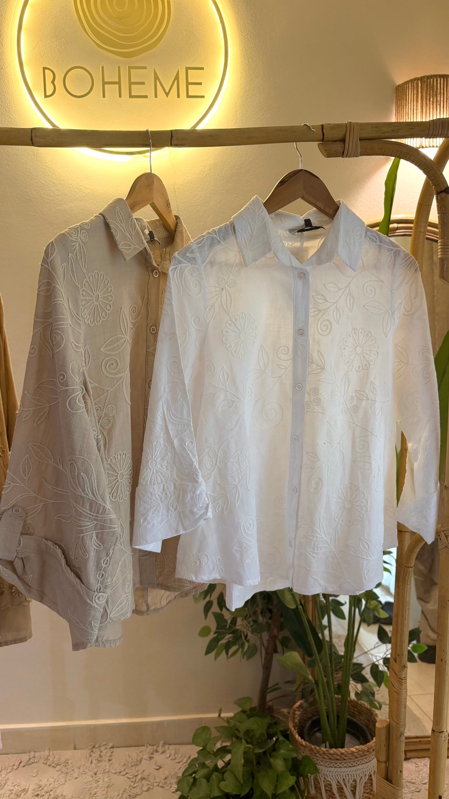 Beige Floral Embroidered Cotton Shirt