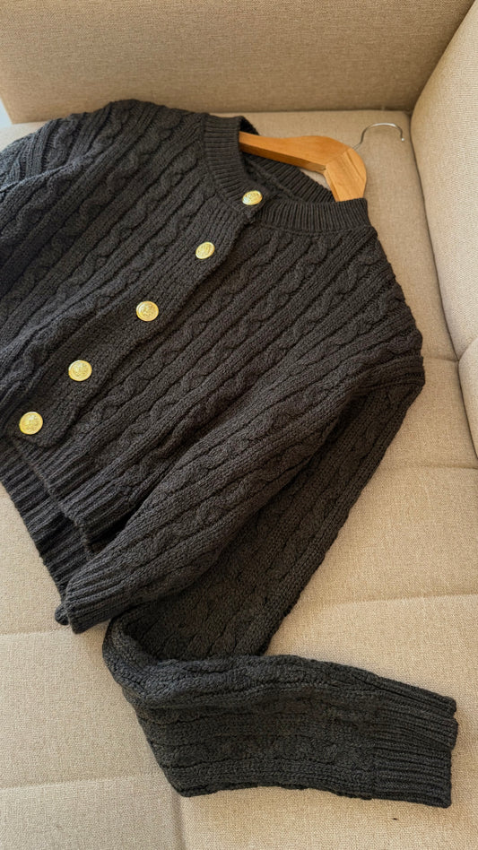Choco Brown Braided Cardigan With Golden Buttons