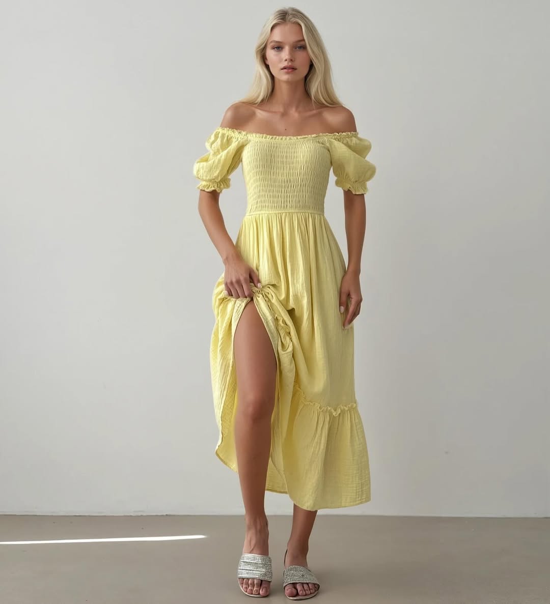 Yellow Puff Off-Shoulder Sleeves Dress