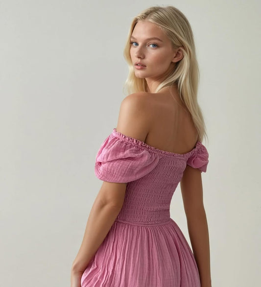 Pink Puff Off-Shoulder Sleeves Dress
