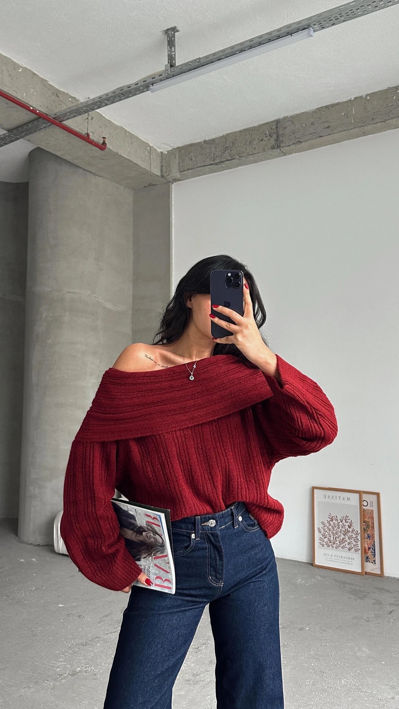 Cherry Red Off Shoulder Triko Pullover