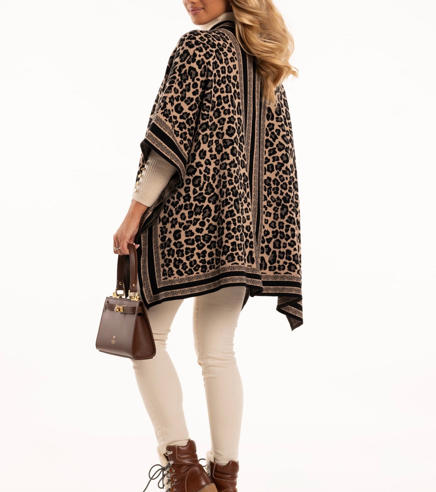 Leopard Camel Poncho With Side Buttons