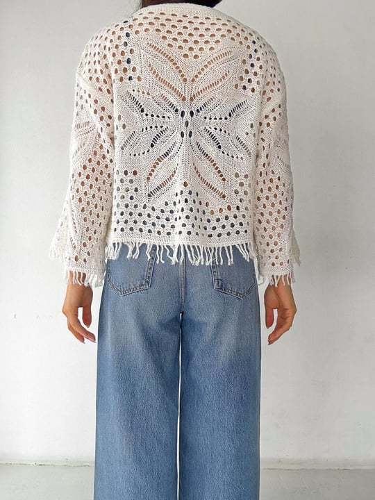 Off White Crochet Cardigan With Fringes