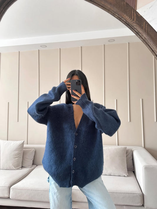 Navy Mohair Cardigan With Buttons