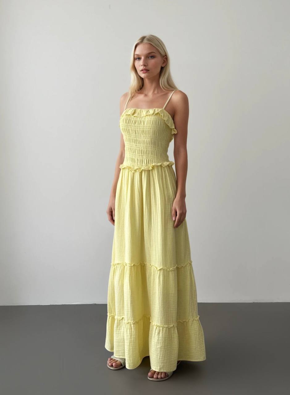 Yellow Cotton Straps Dress With Ruffles