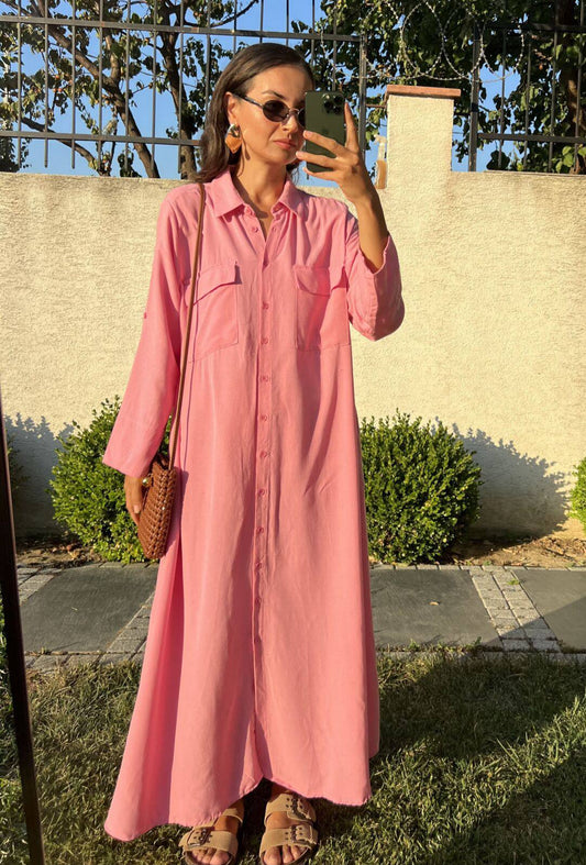 Pink Linen Shirt Dress With Pockets