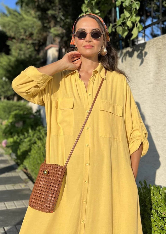 Yellow Linen Shirt Dress With Pockets