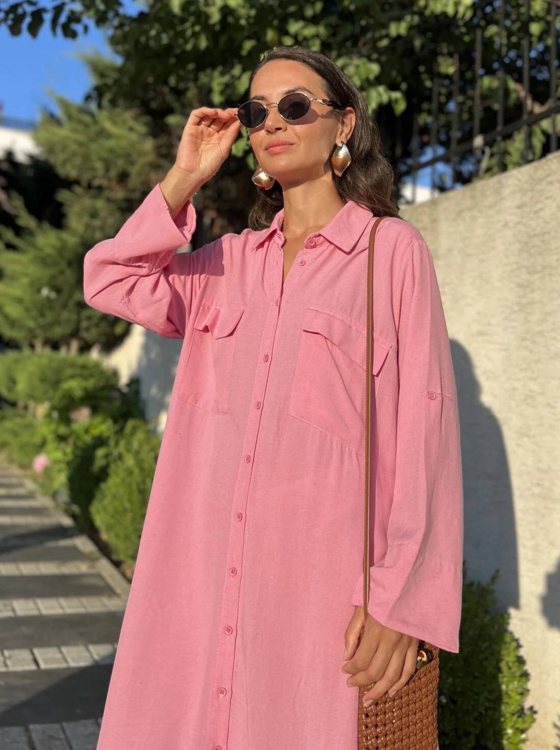 Pink Linen Shirt Dress With Pockets