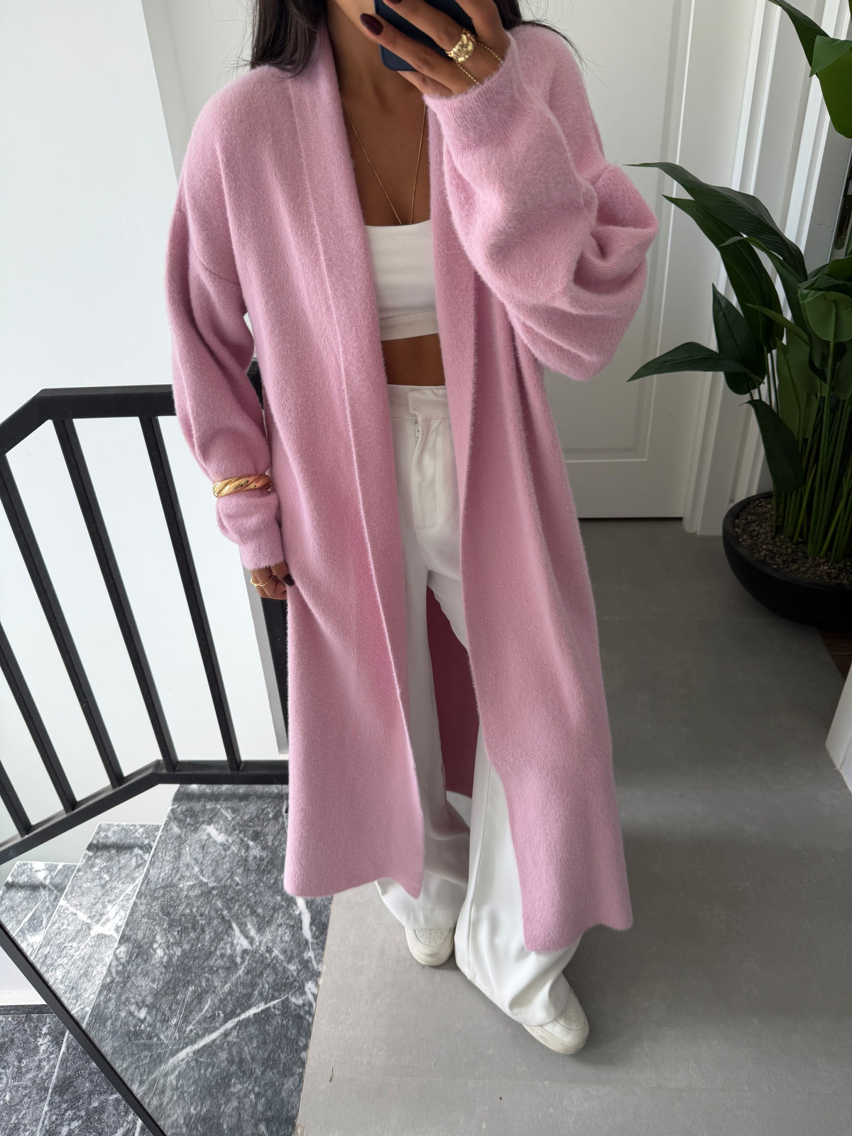 Pink Fluffy Heavy Longline Coat Cardigan