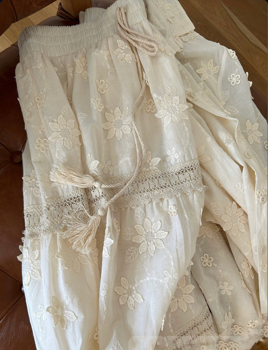 Cotton Beige Embroidered Floral Skirt With Tassels