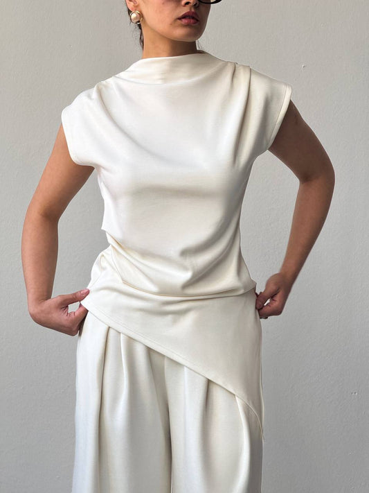 Off White Draped Asymmetric Top Set