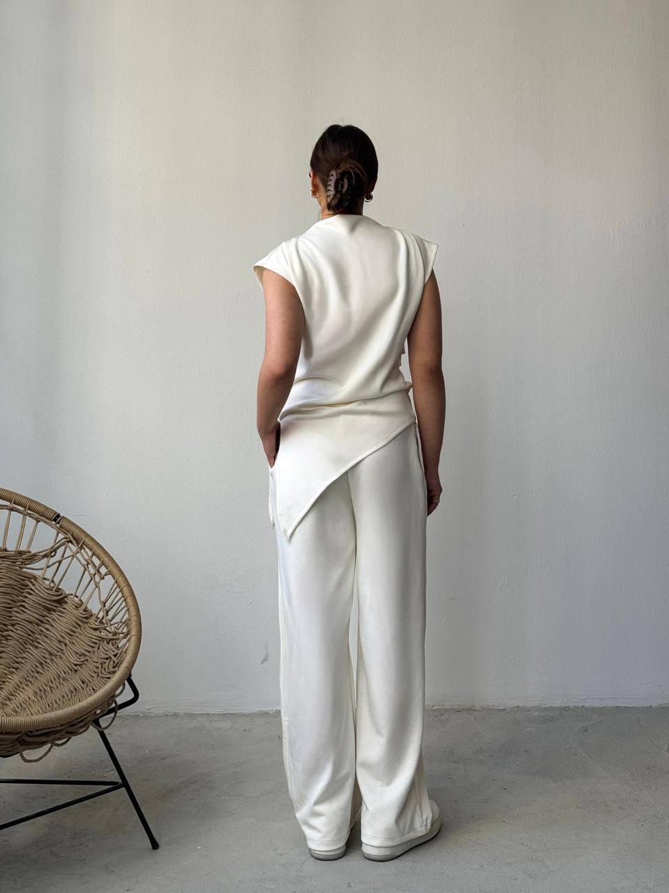 Off White Draped Asymmetric Top Set