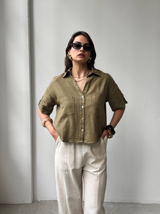 Olive Linen Half Sleeves Shirt