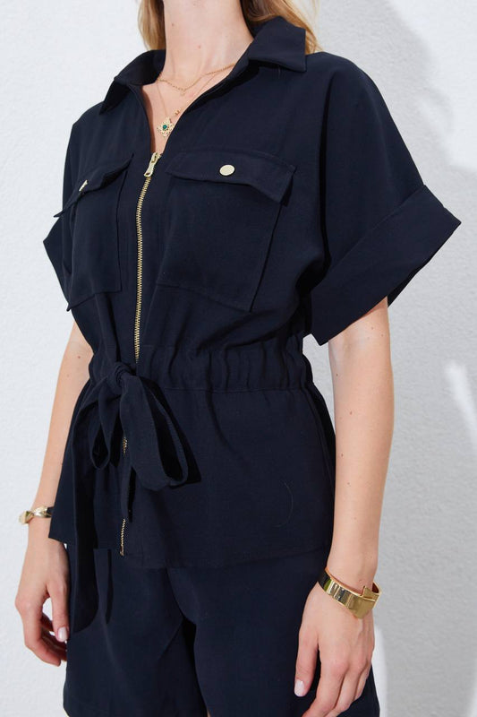 Dark Navy Zipped Belted Top