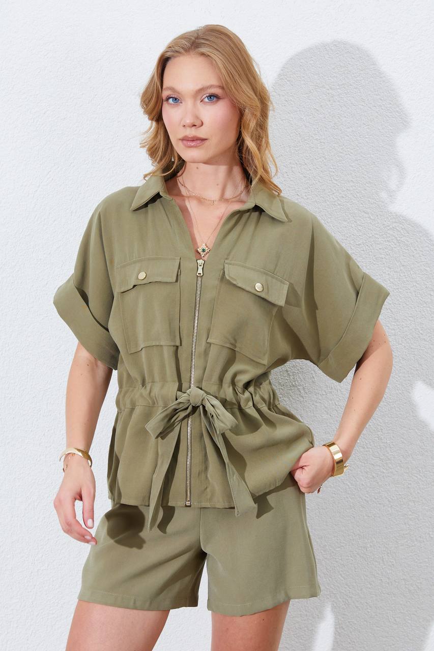 Olive zipped Belted Top
