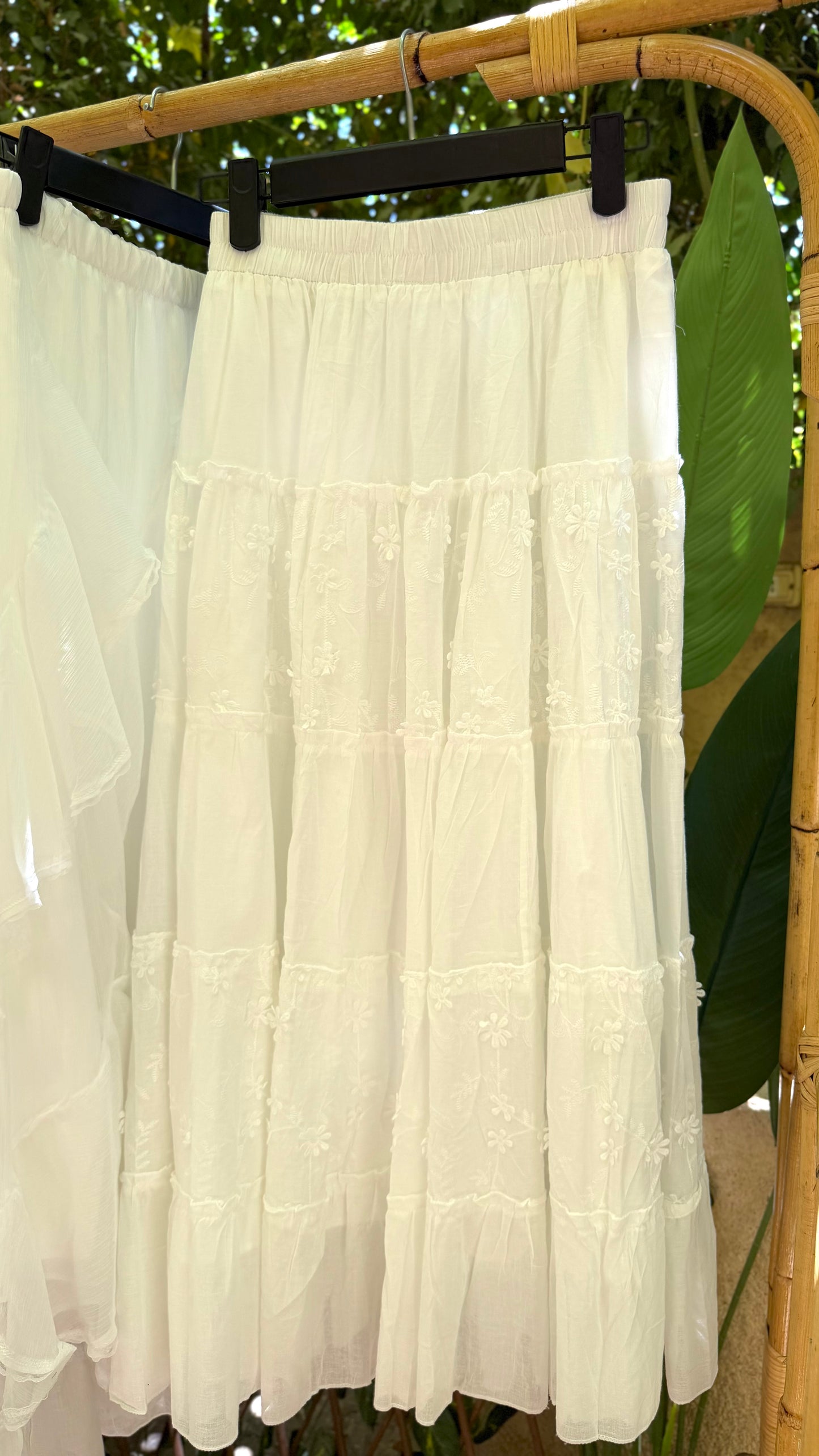 White Cotton Floral Skirt With Elastic Waist