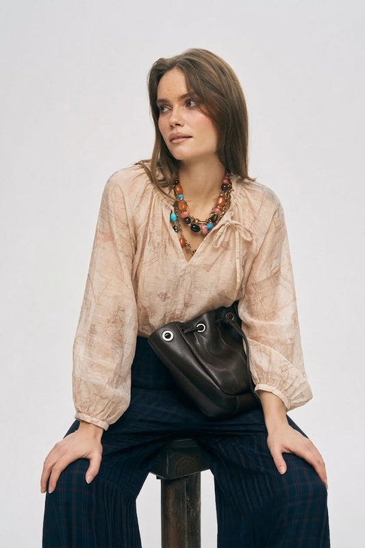 Vintage Beige Blouse With Ties & Smocked Waist