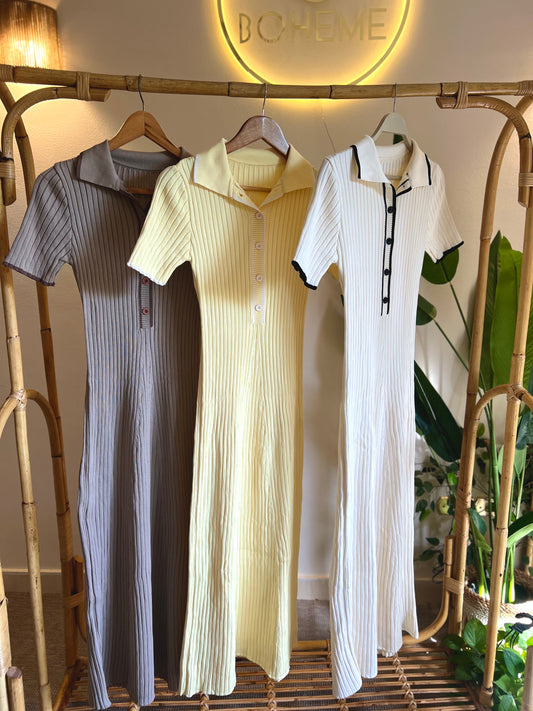 Yellow Ribbed Dress With White Stripes