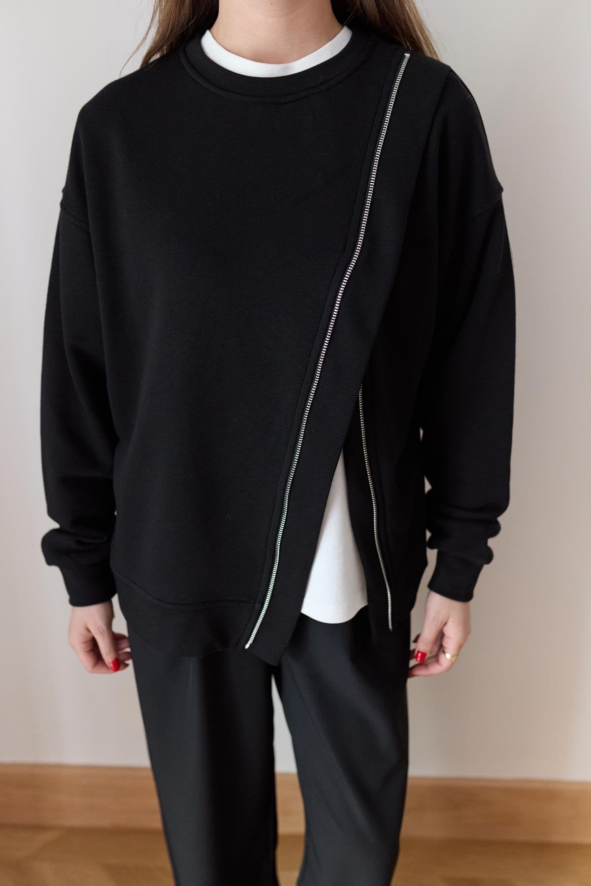 Black Melton Sweatshirt With Side Slit