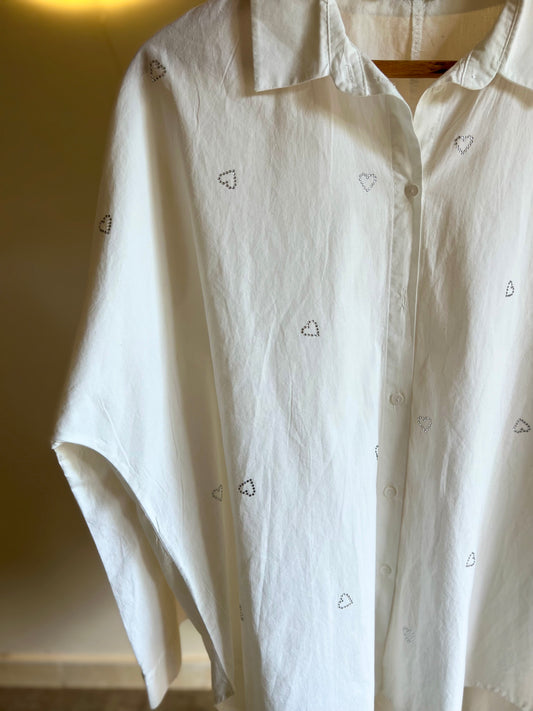 White Embellished Heart Oversized Shirt