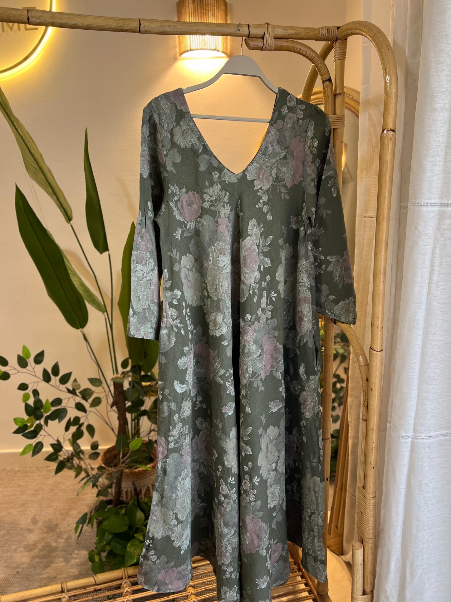 Italian Linen Olive Floral Dress