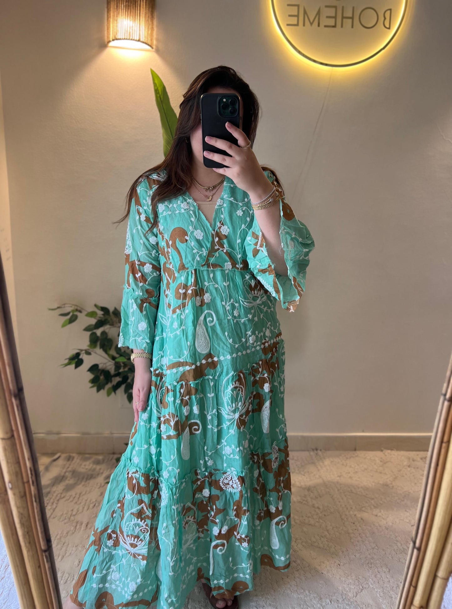 The French Aqua Brown Embroidered Paisley Dress
