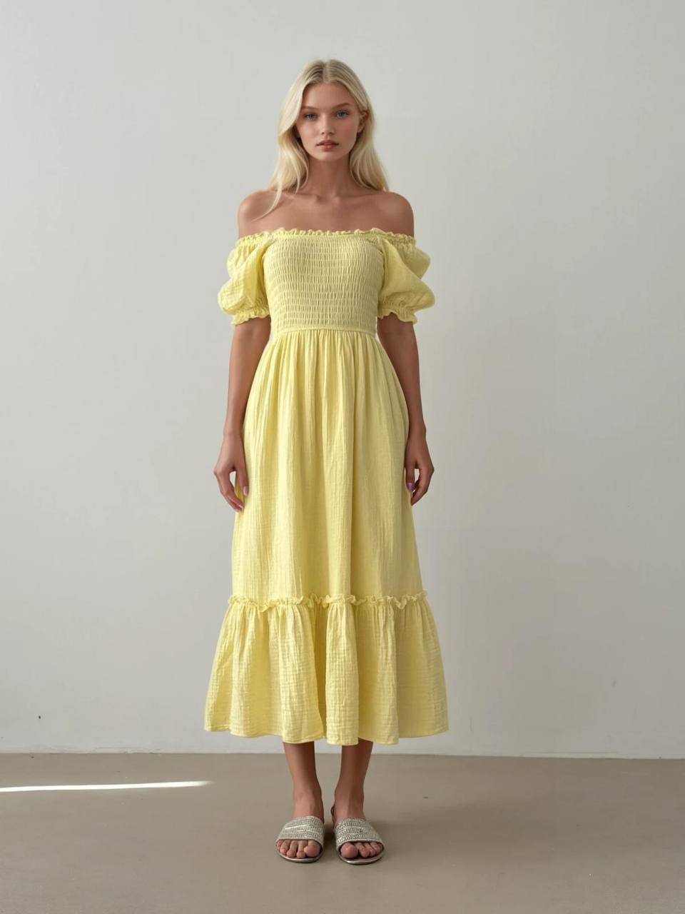 Yellow Puff Off-Shoulder Sleeves Dress
