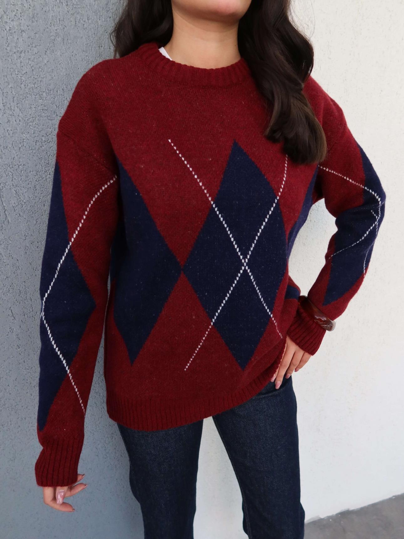 Burgundy X Navy Rhombus Pullover