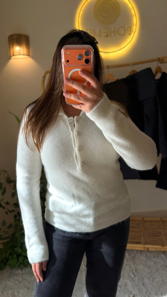Off White Polo Pullover With Rhinestone Buttons