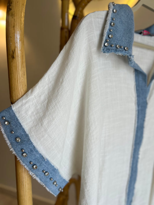 Linen X Denim Embellished Half Sleeves Blouse