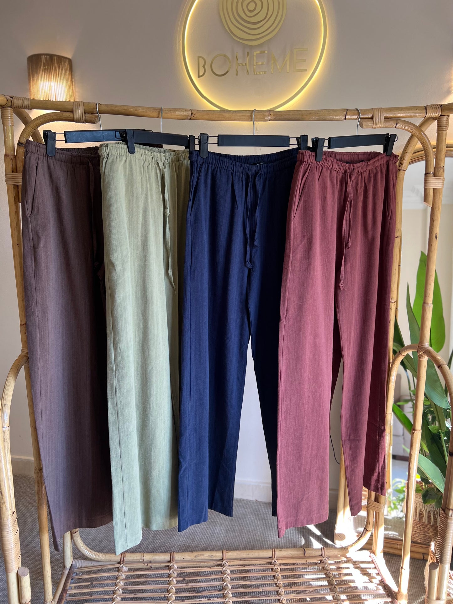 Navy Stripy Linen Straight Leg Pants With Elastic Waist