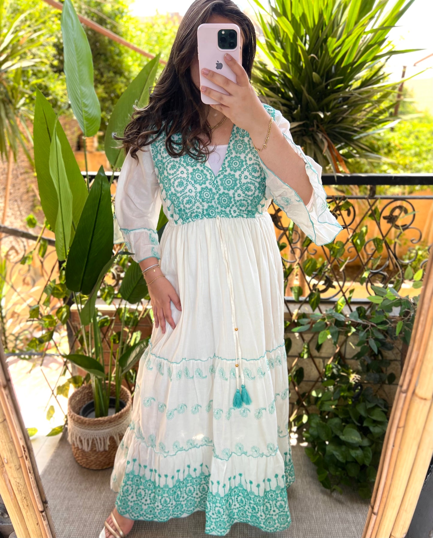 White Turquoise Embroidered Cut Out Dress With Tassel