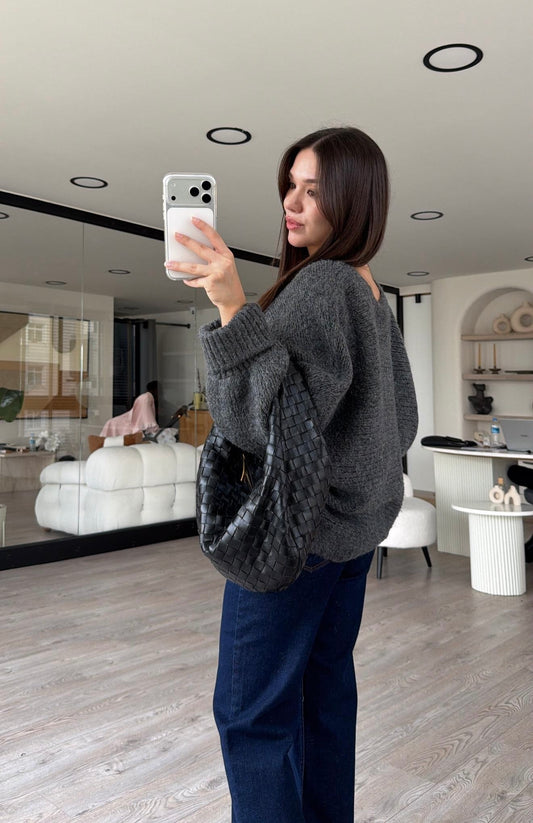 Grey Boat Neck Heavy Pullover