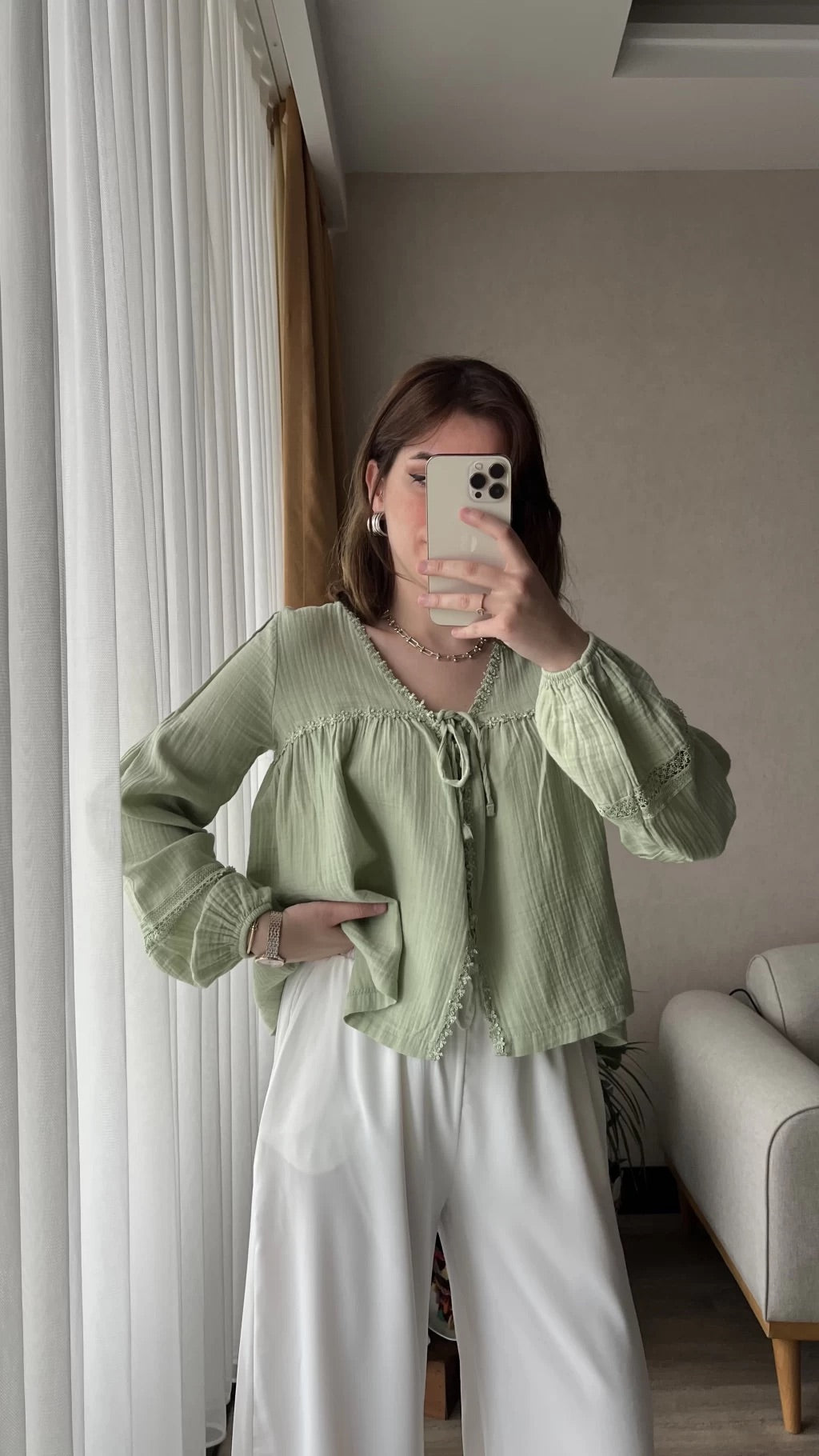 Mint Green Cotton Blouse With Dantel Details