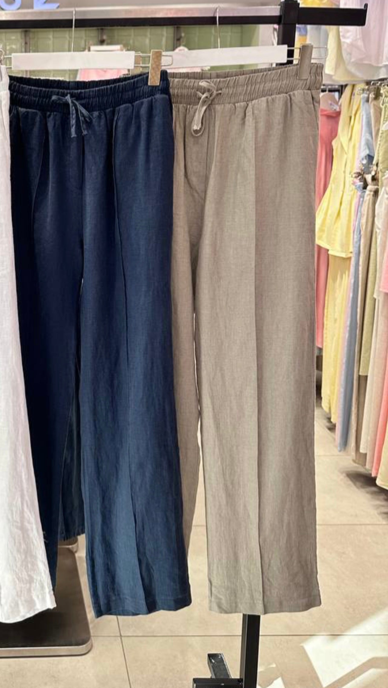 Premium Khaki Linen Straight Leg Pants With Elastic Wais