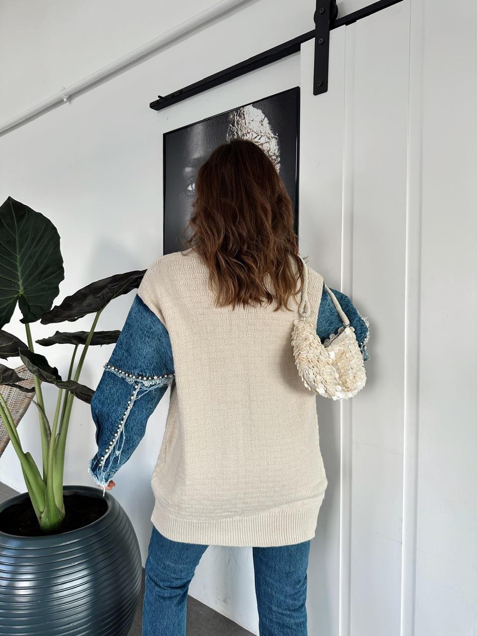 The Pearl Denim X Beige Cardigan With Pockets