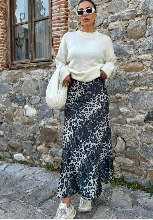 Leopard A Line Satin Skirt