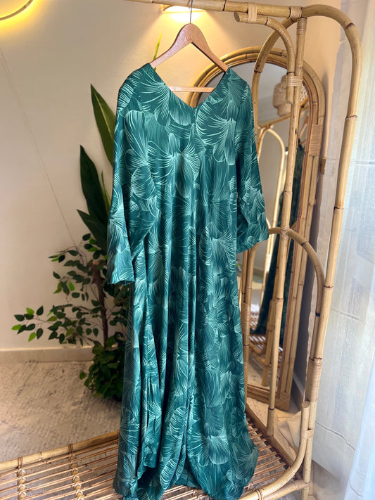 Green Beige Tropical Linen Dress