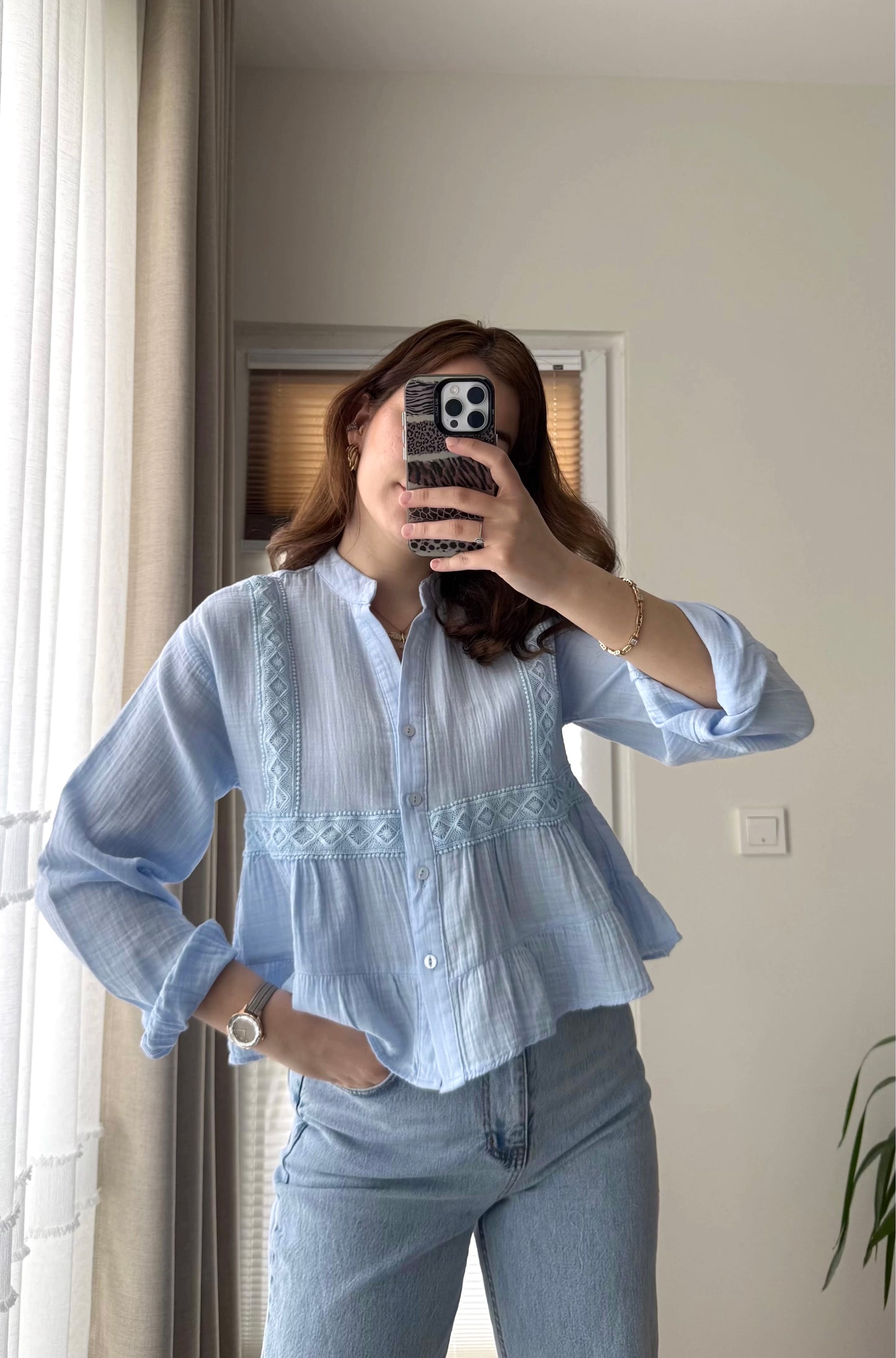 Blue Dantel Cotton Blouse