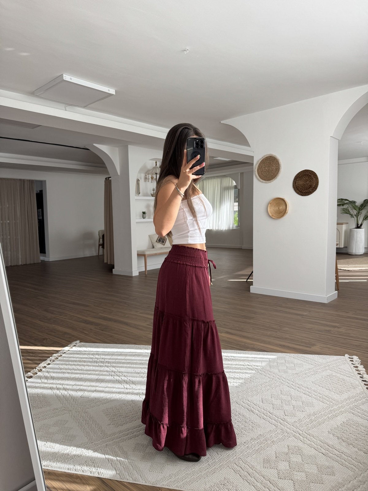 Burgundy Ruffled Elastic Waist Skirt