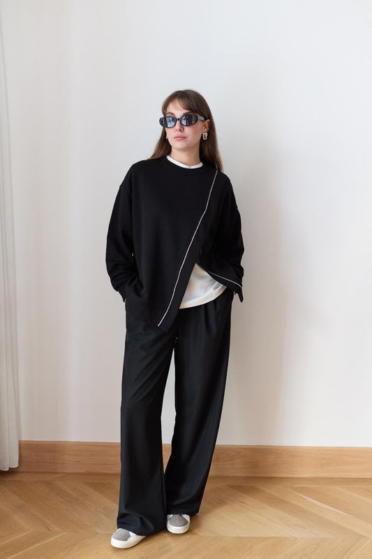 Black Melton Sweatshirt With Side Slit