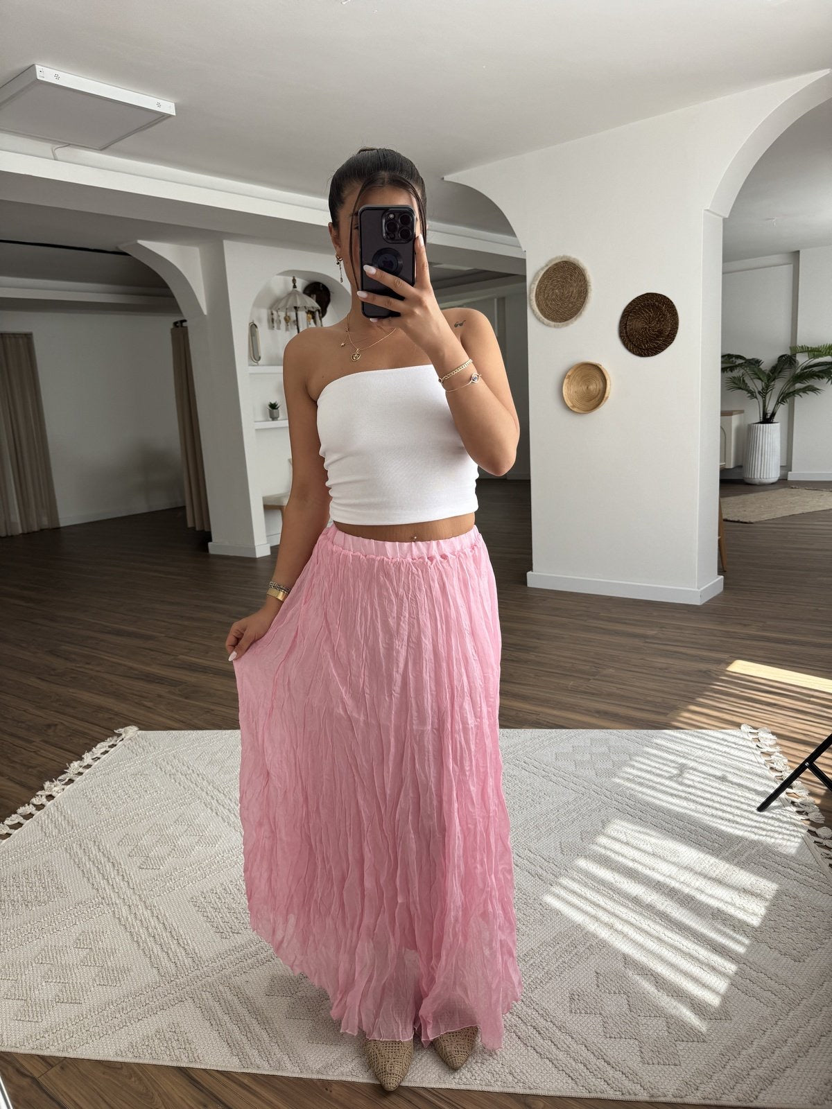 Pink Crinkled Cotton Inlined Skirt