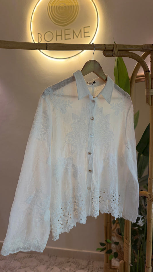 White Embroidered Floral Shirt With Lace
