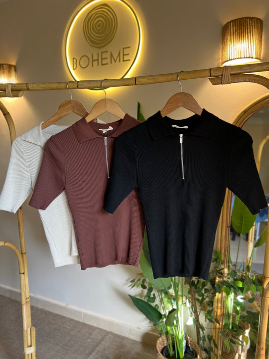 Brown Quarter-Zip Neck Ribbed Top