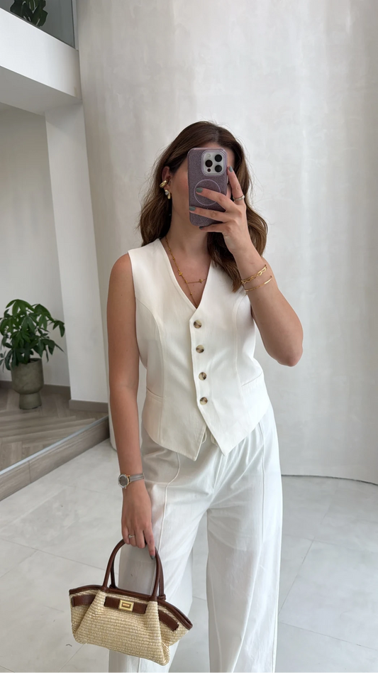 Off White Striped Vest & Wide Leg Pants Set