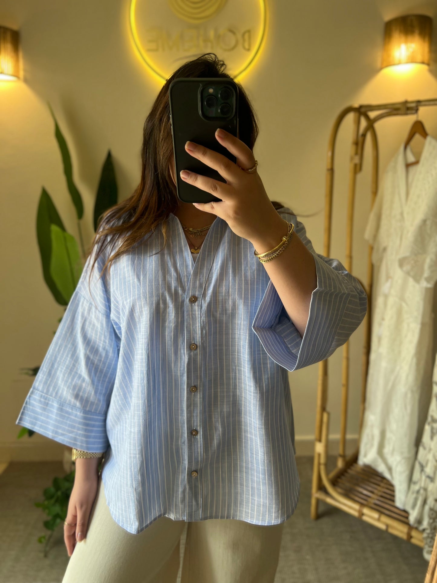Blue Striped Linen Shirt With Bell Sleeves
