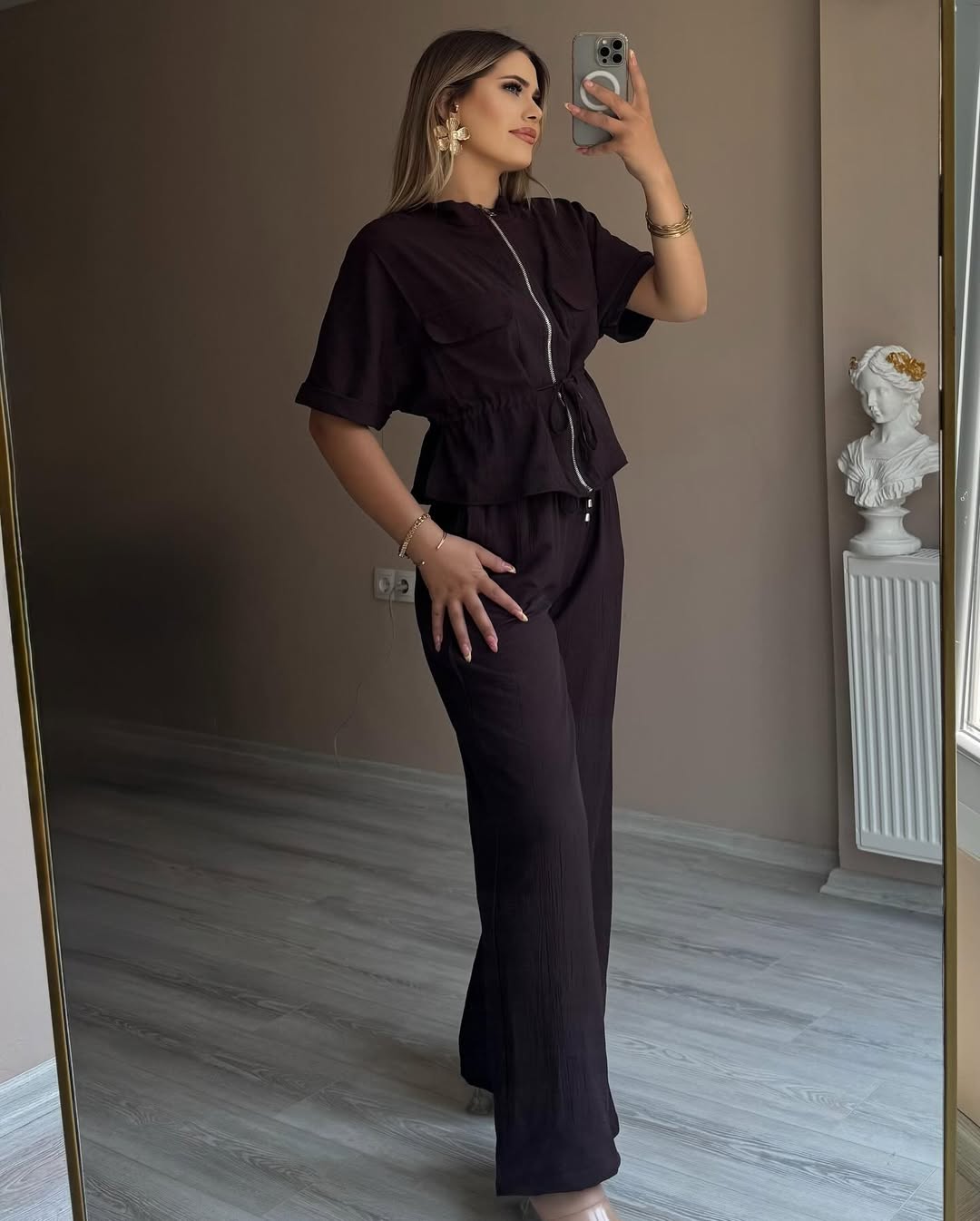 Black Zipped Jacket Crinkled Set