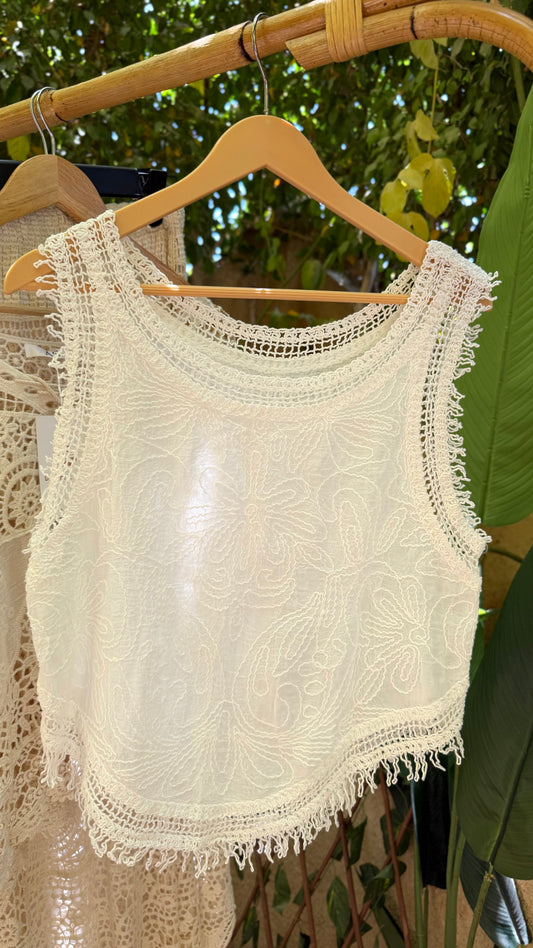 Italian Lace White Embroidered Top With Fringes