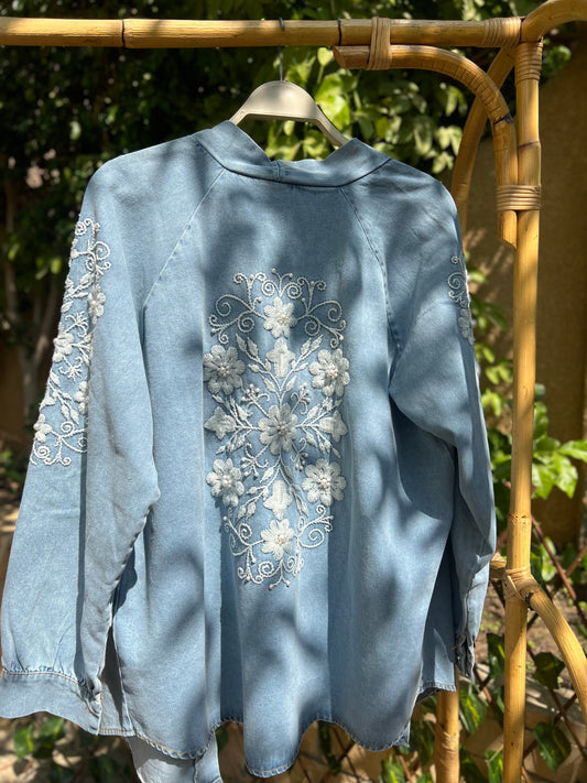 Light Blue Denim Embroidered Floral Kimono